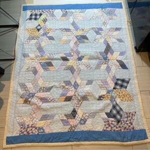 Handmade vintage Patchwork Quilt with Blue Border